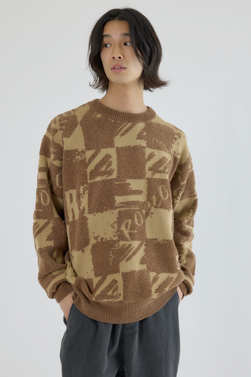 ブロークンチェックニット BEG L