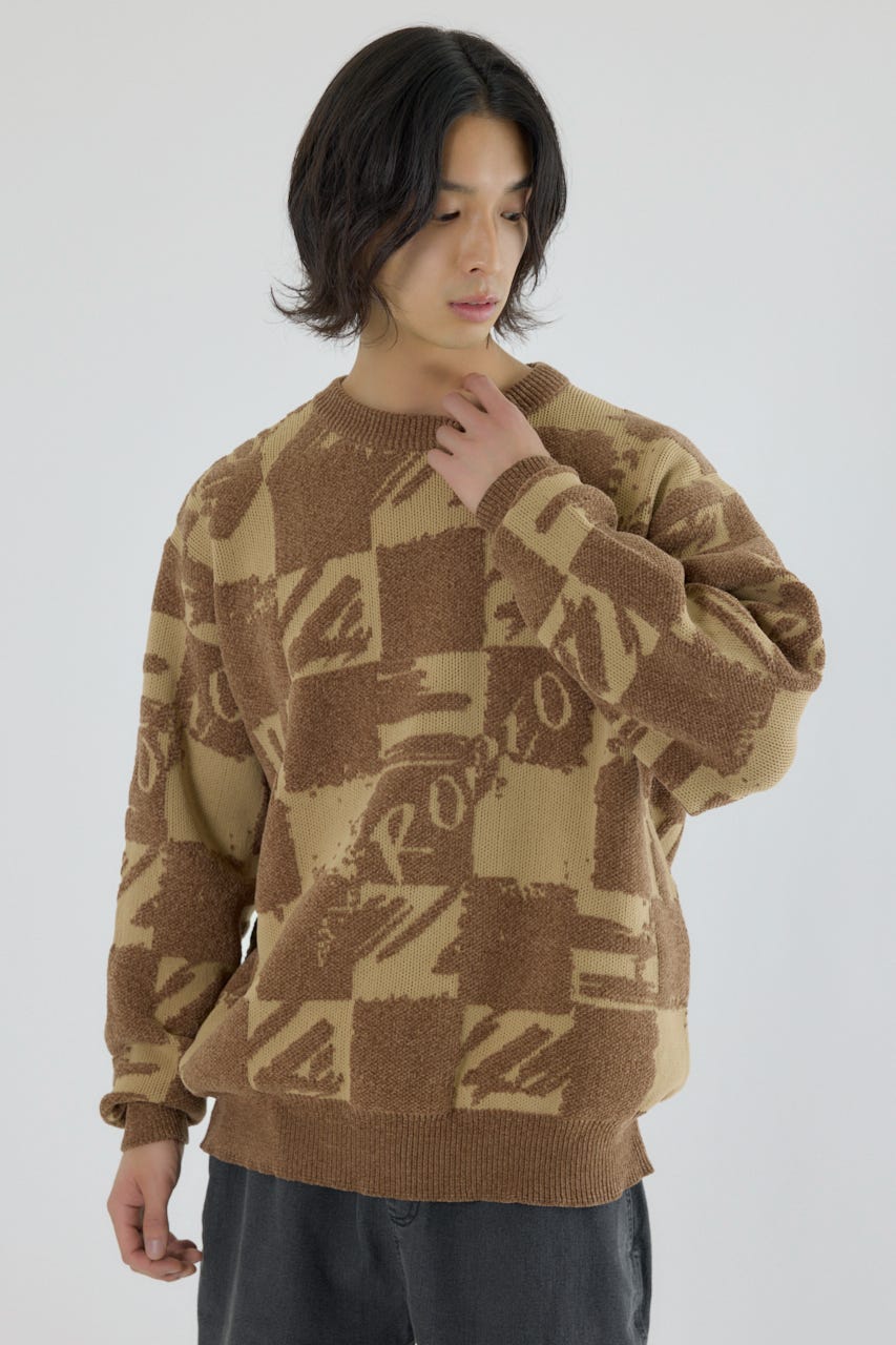 ブロークンチェックニット BEG L