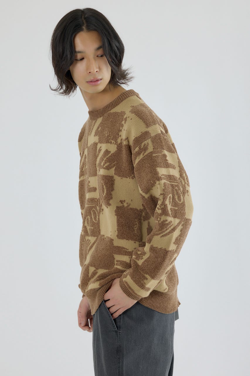 ブロークンチェックニット BEG L