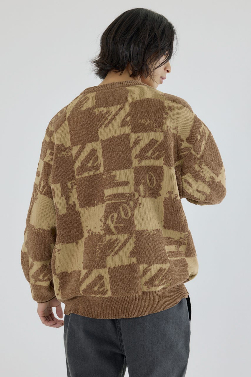 ブロークンチェックニット BEG L