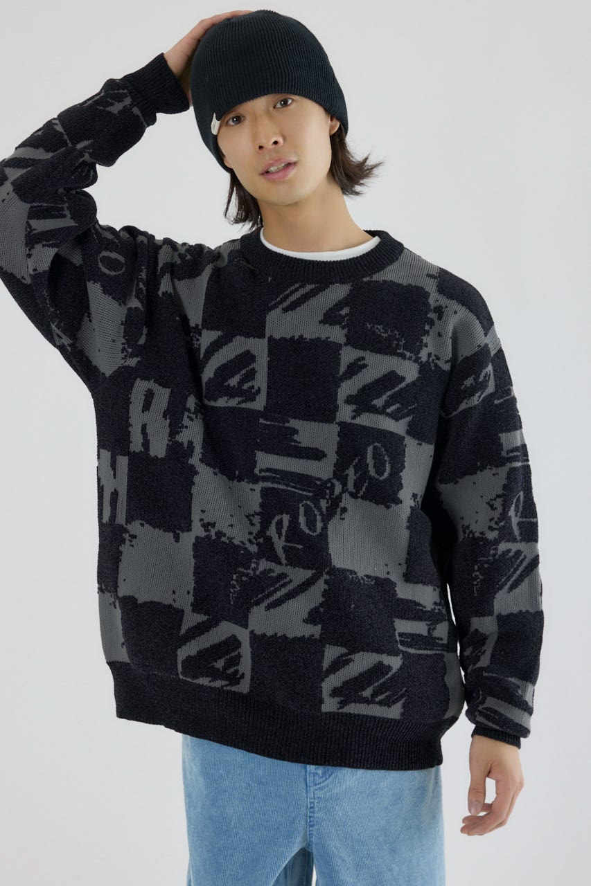 ブロークンチェックニット BLK M