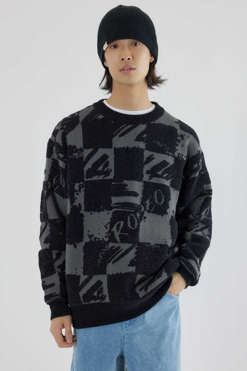 ブロークンチェックニット BLK M