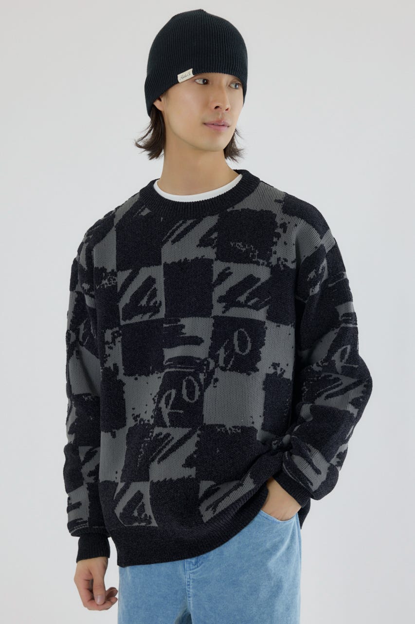 ブロークンチェックニット BLK M