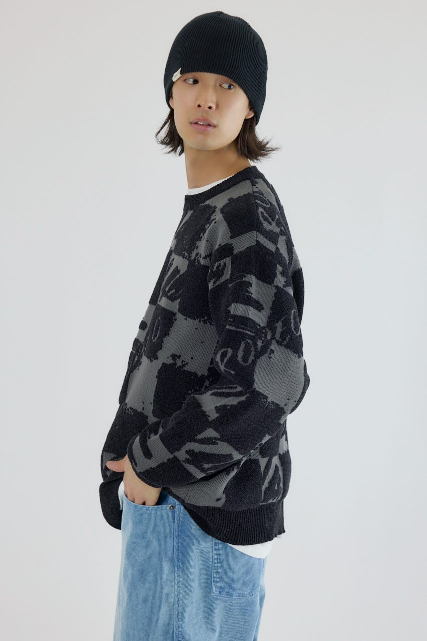 ブロークンチェックニット BLK M