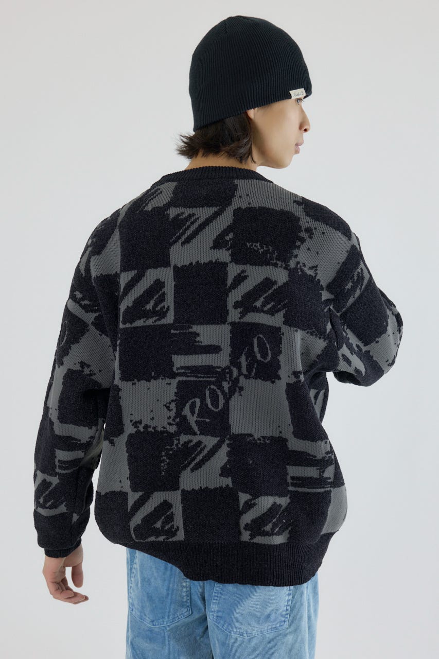 ブロークンチェックニット BLK M