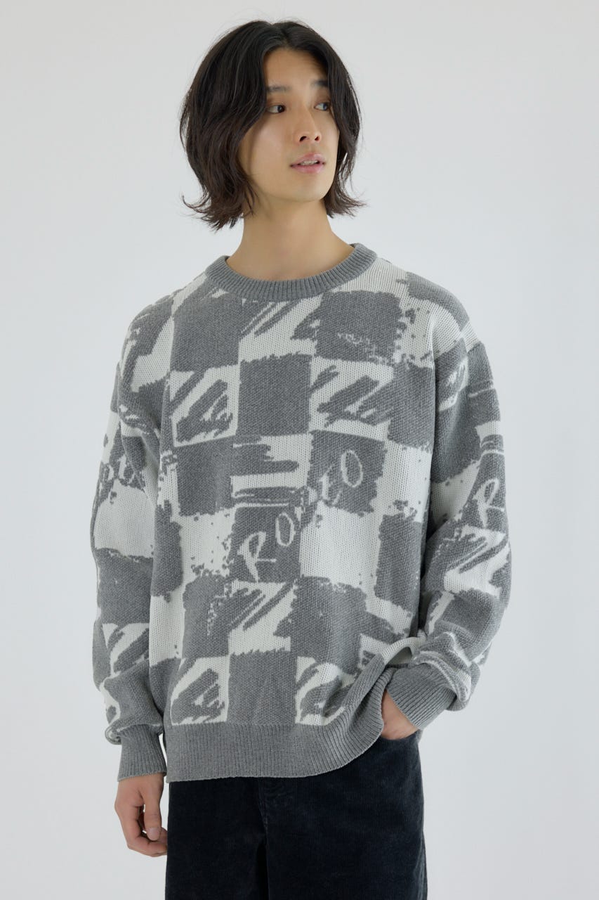 ブロークンチェックニット O/WHT L