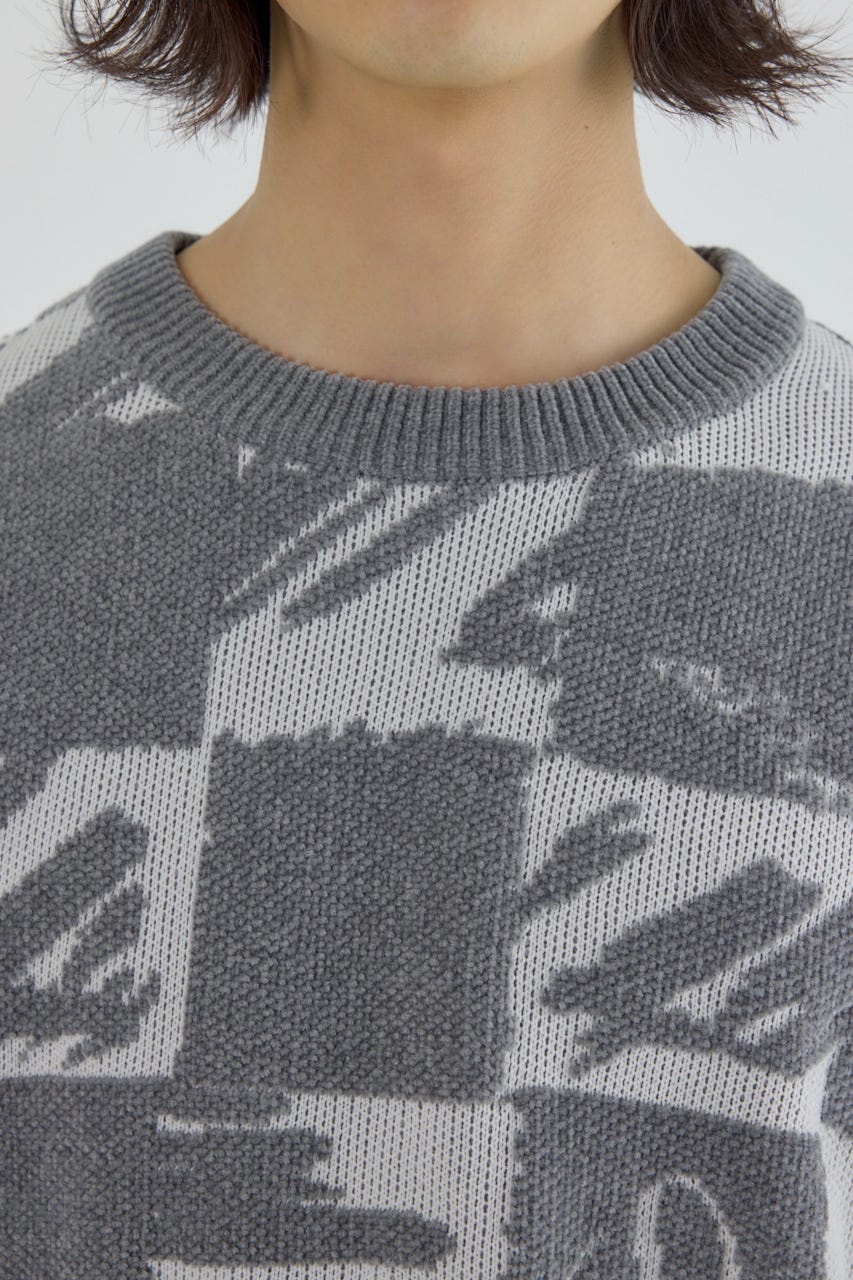 ブロークンチェックニット O/WHT L