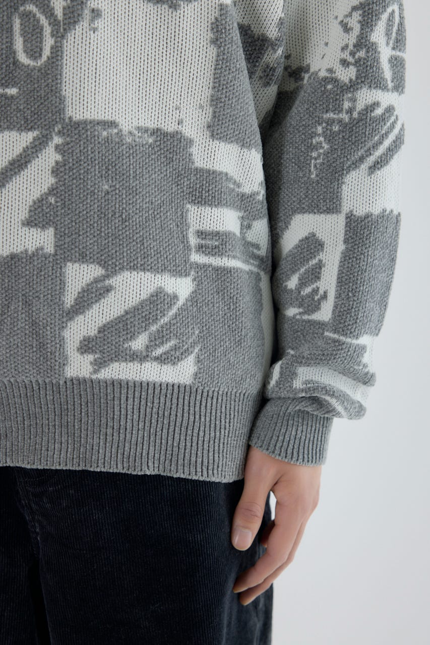 ブロークンチェックニット O/WHT L