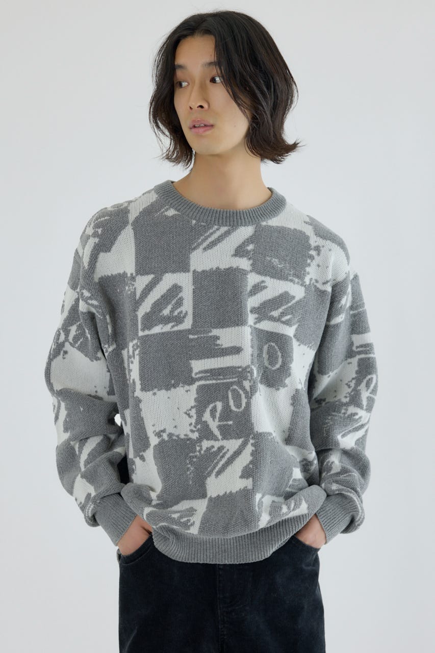 ブロークンチェックニット O/WHT L