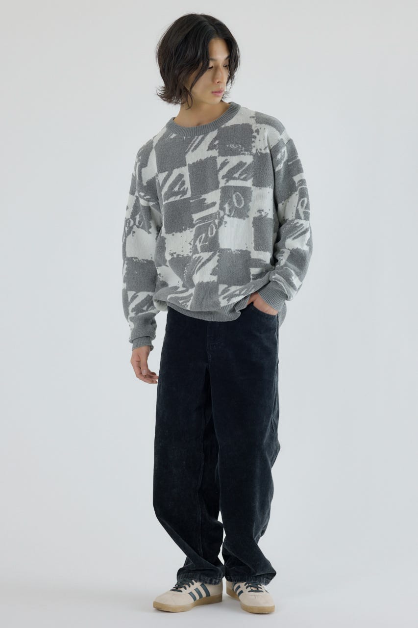 ブロークンチェックニット O/WHT L