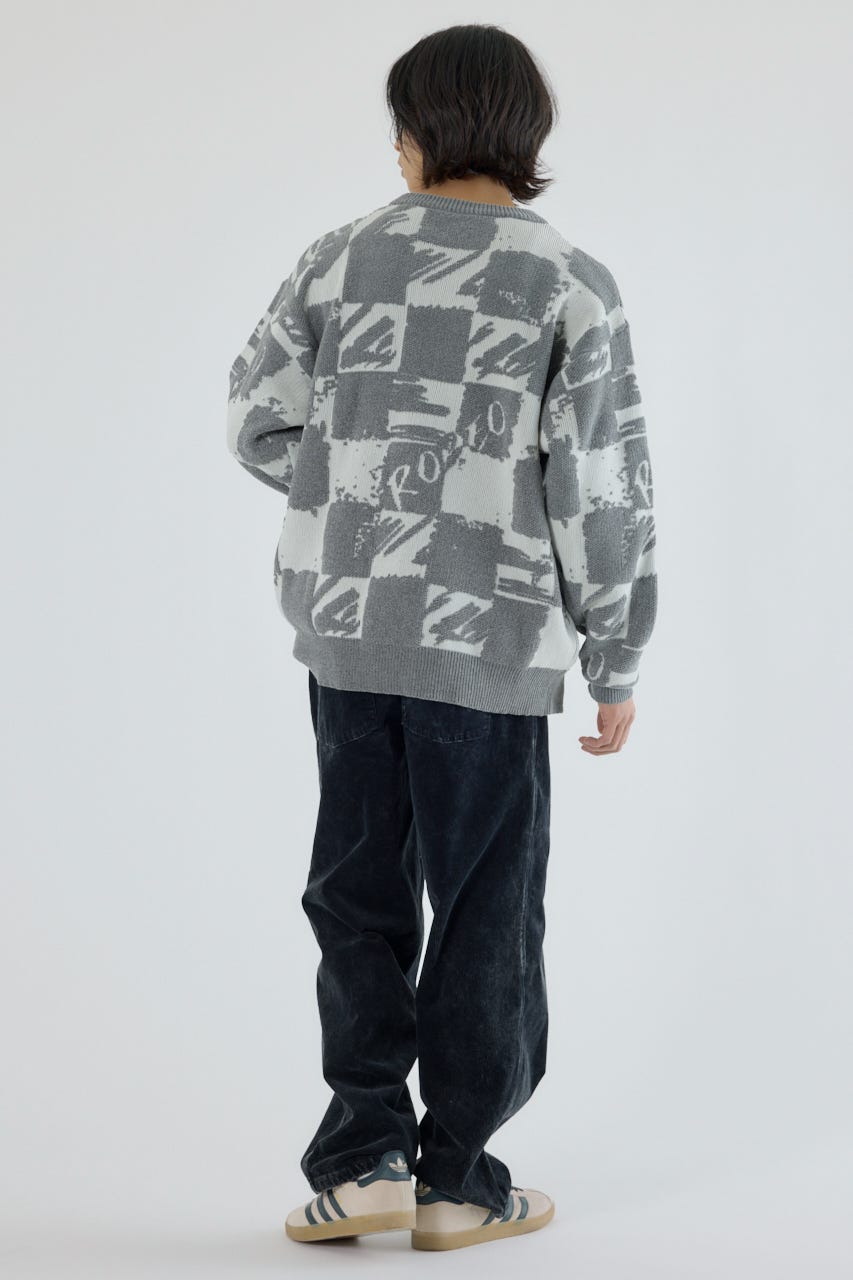 ブロークンチェックニット O/WHT L