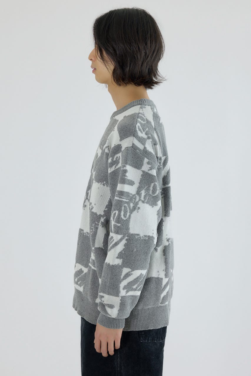 ブロークンチェックニット O/WHT L