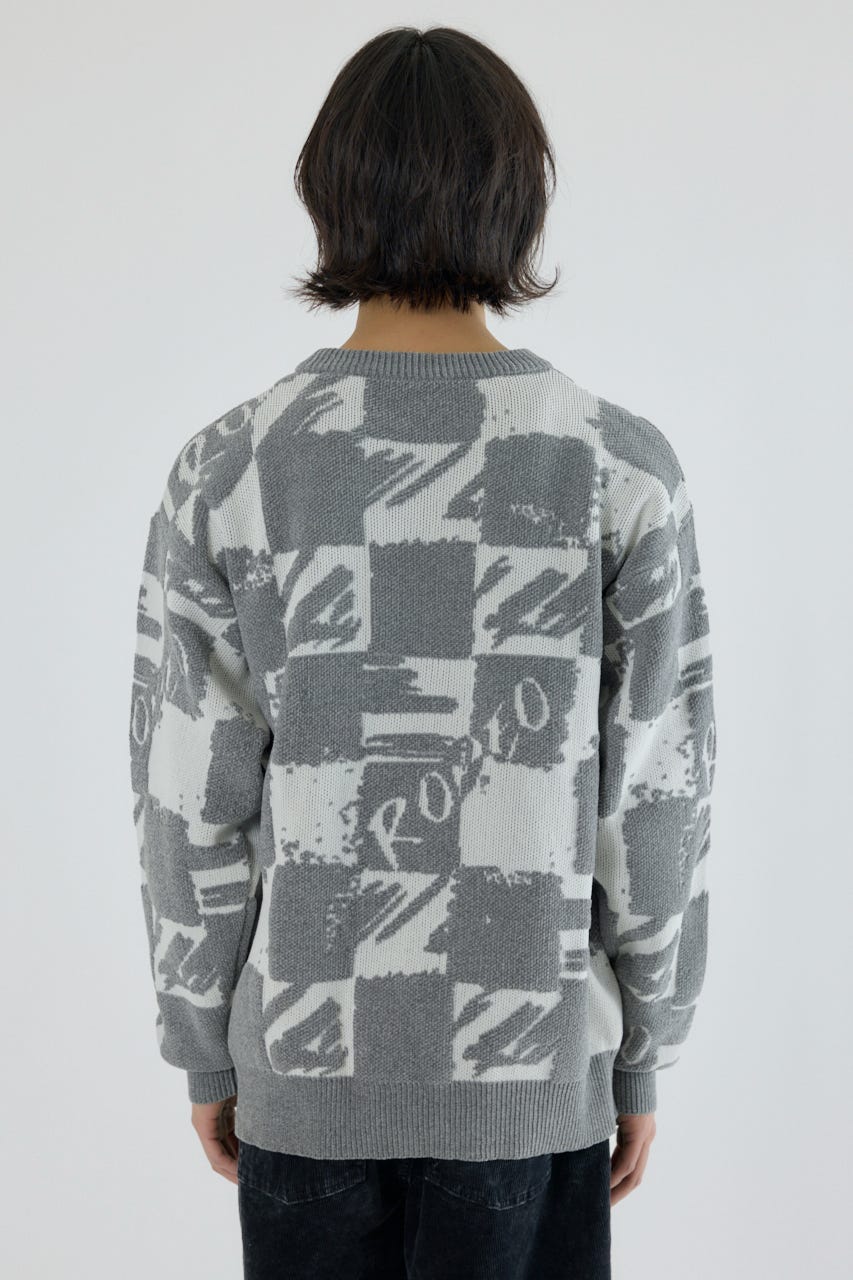 ブロークンチェックニット O/WHT L