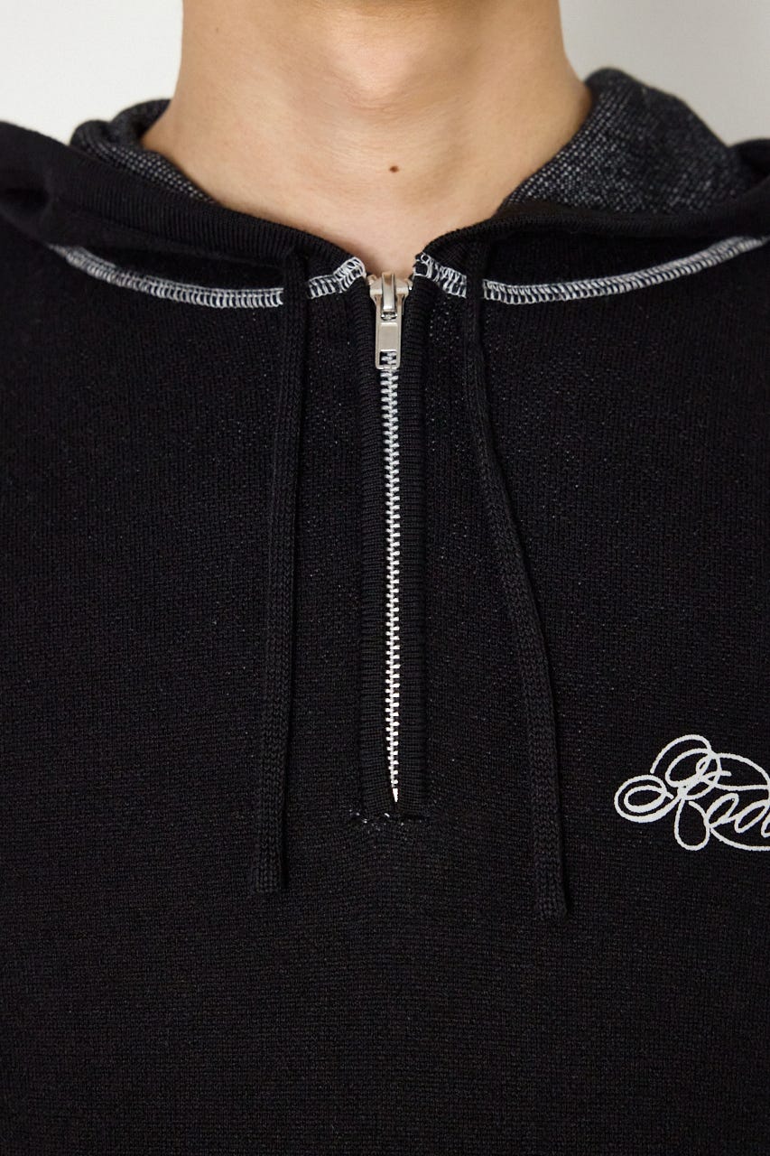 スウェットライクハーフzipフーディー BLK L