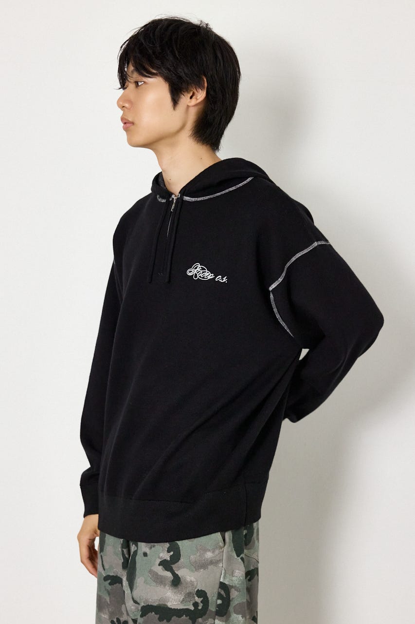 スウェットライクハーフzipフーディー BLK L
