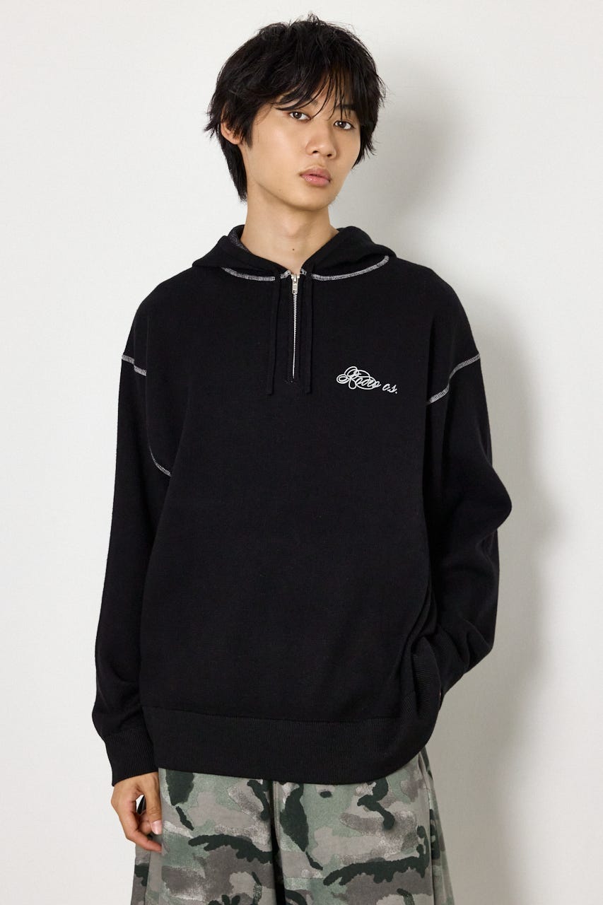 スウェットライクハーフzipフーディー BLK L