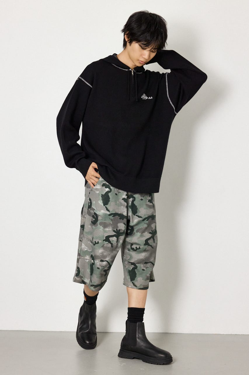 スウェットライクハーフzipフーディー BLK L