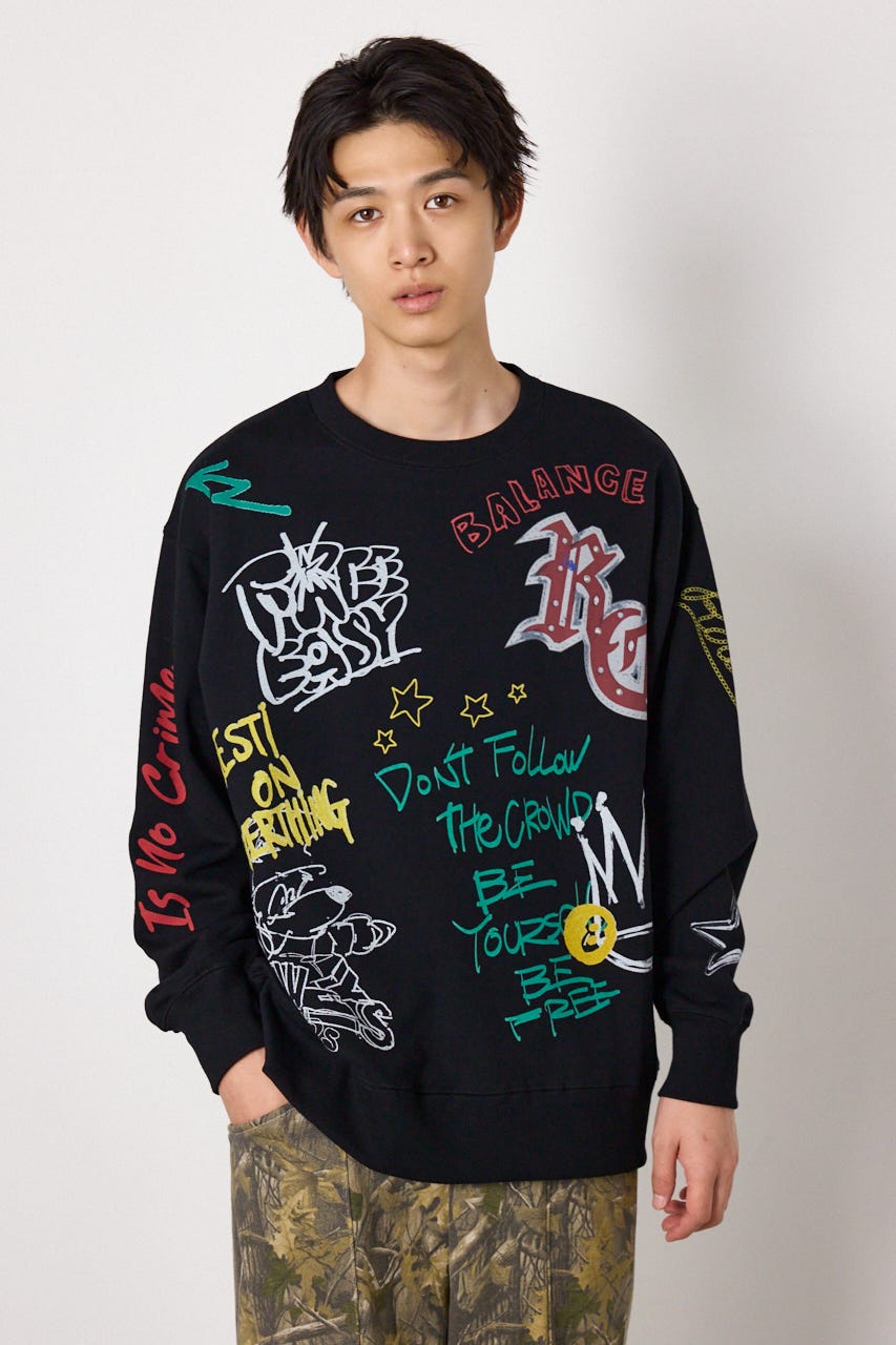 カラフルドローイングスウェット BLK M
