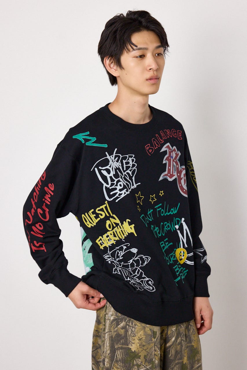 カラフルドローイングスウェット BLK M