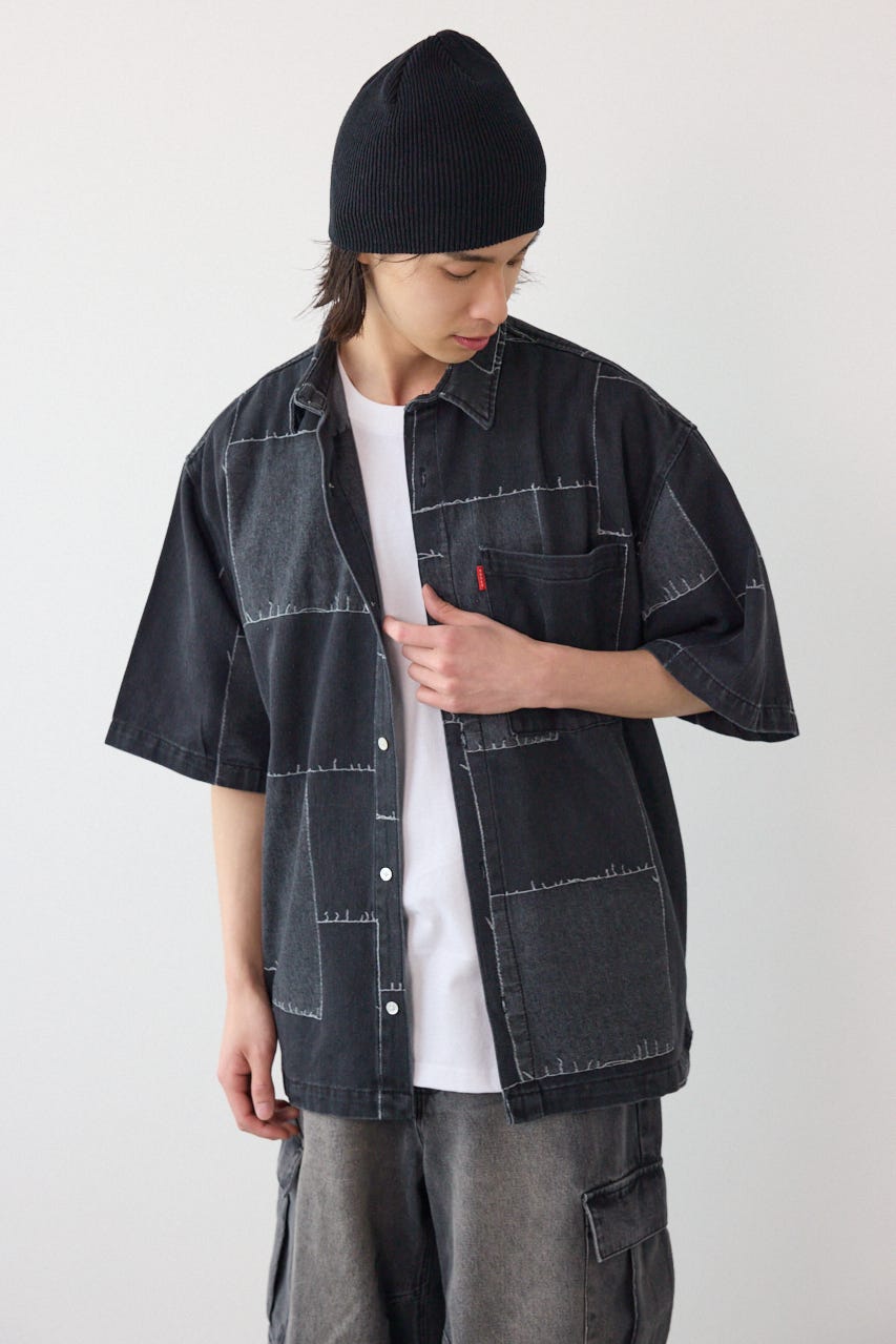 パッチパターンデニムシャツ BLK M