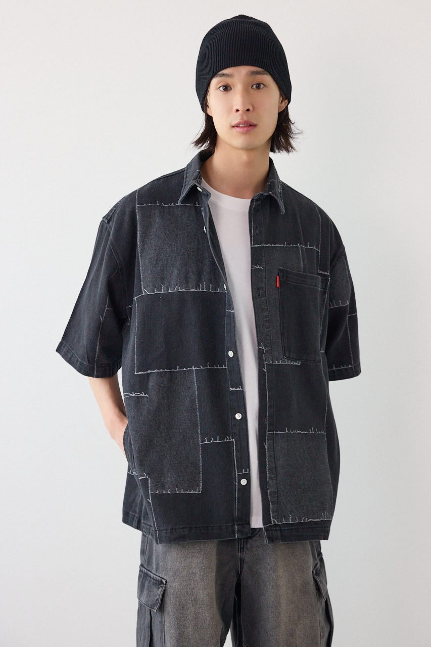 パッチパターンデニムシャツ BLK M