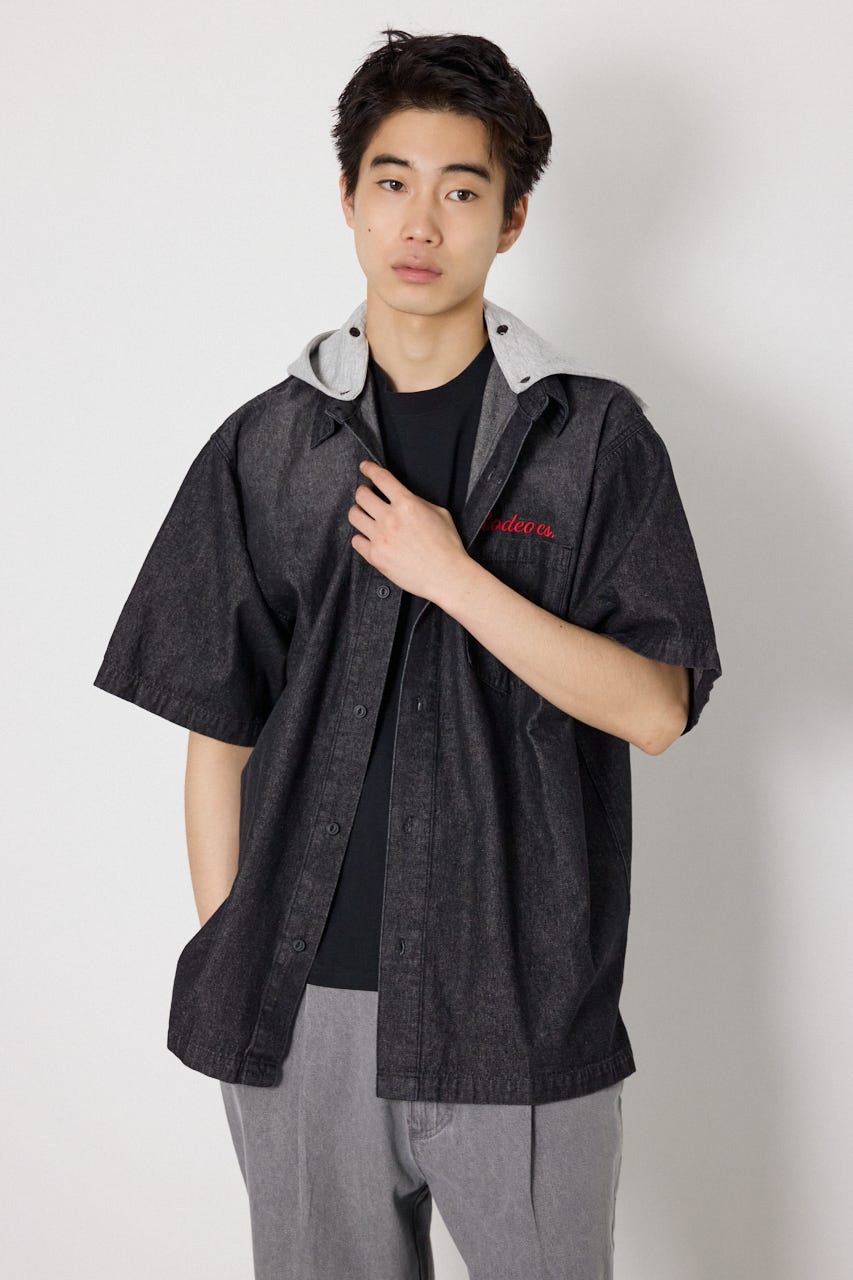 バックロゴフードデニムシャツ BLK L