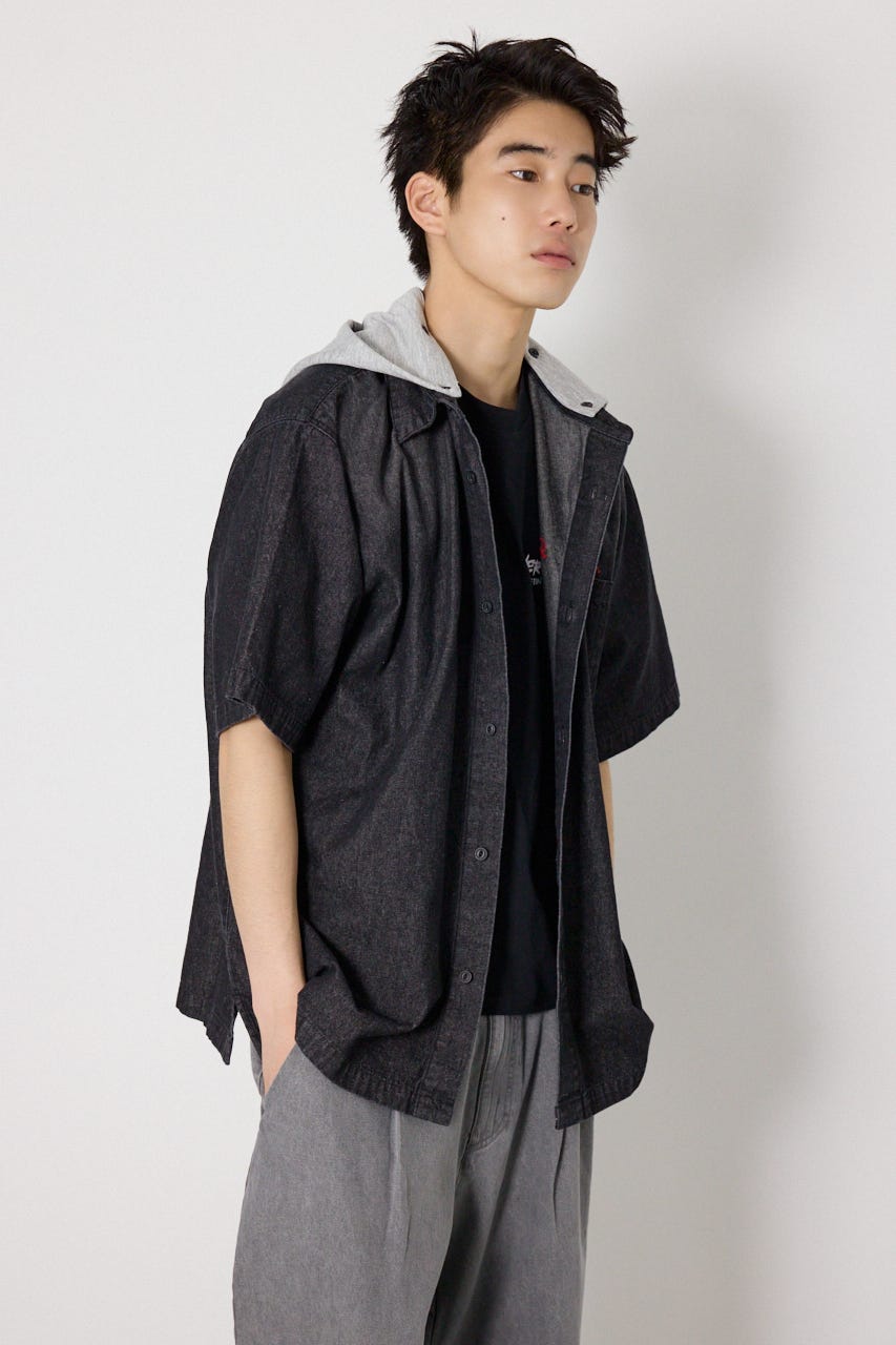 バックロゴフードデニムシャツ BLK L