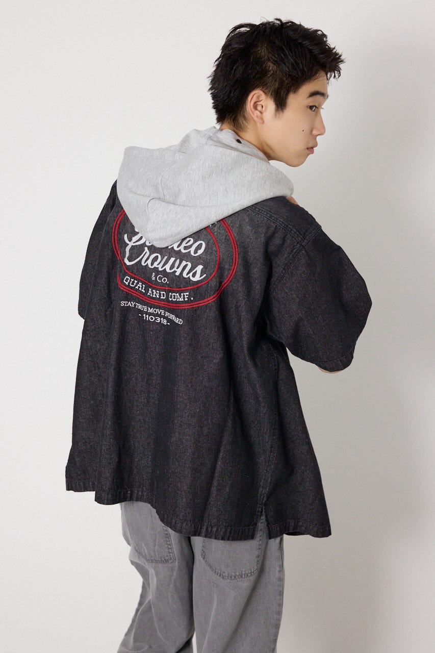 バックロゴフードデニムシャツ BLK L