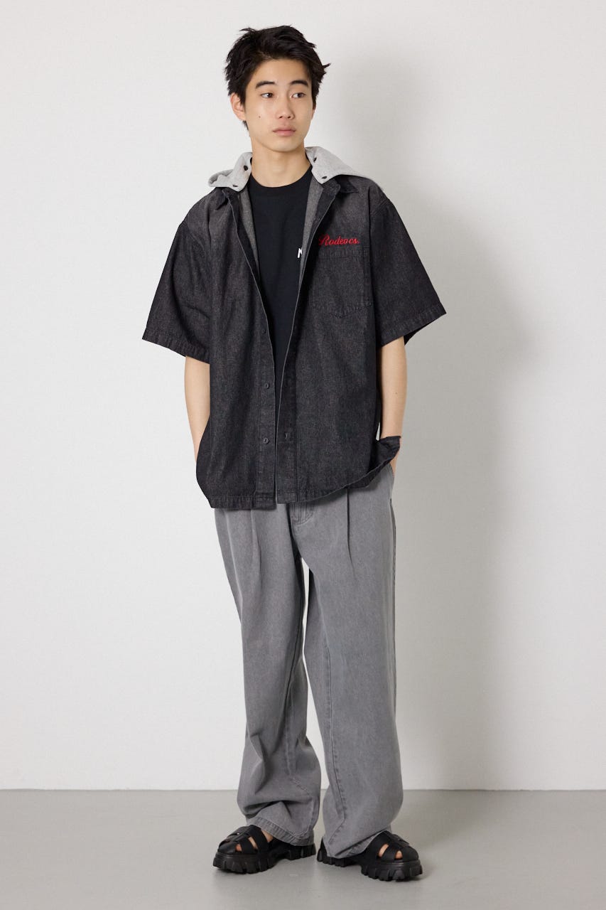 バックロゴフードデニムシャツ BLK L