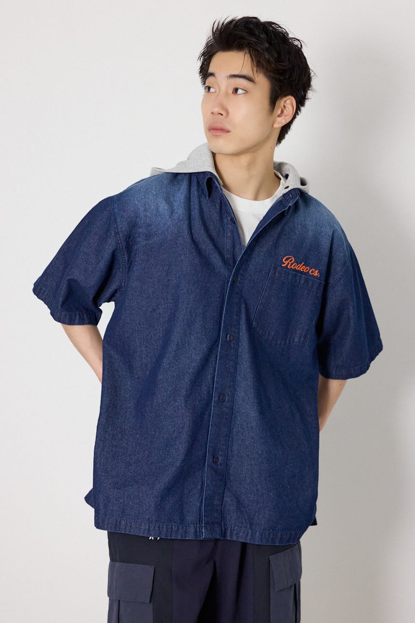 バックロゴフードデニムシャツ BLU M