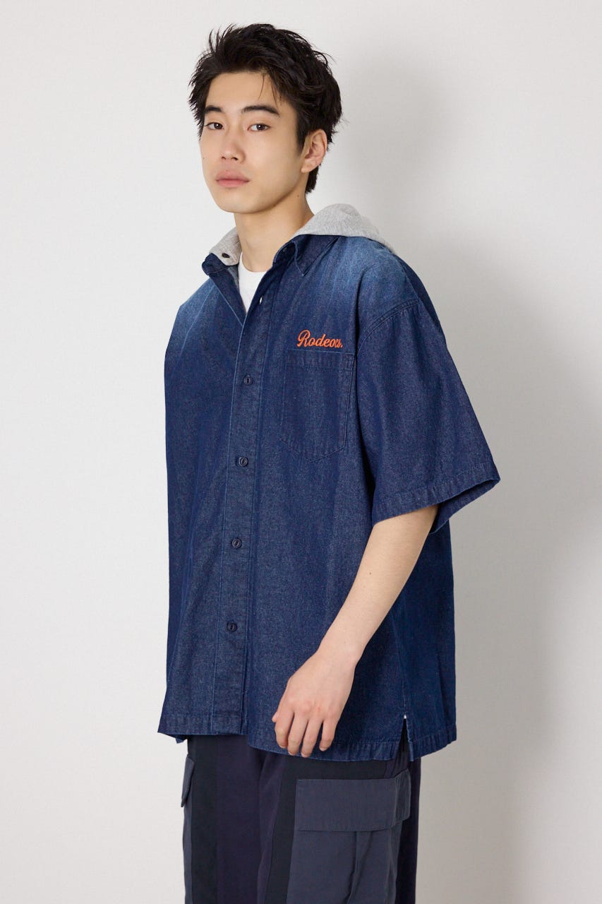 バックロゴフードデニムシャツ BLU M