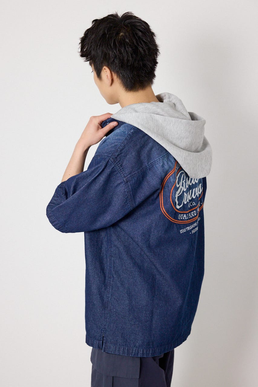 バックロゴフードデニムシャツ BLU M