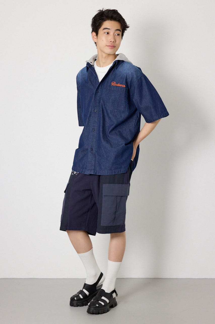 バックロゴフードデニムシャツ BLU M