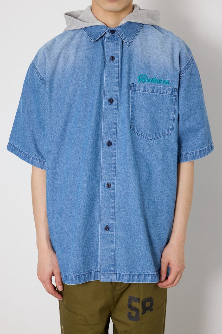 バックロゴフードデニムシャツ L/BLU L