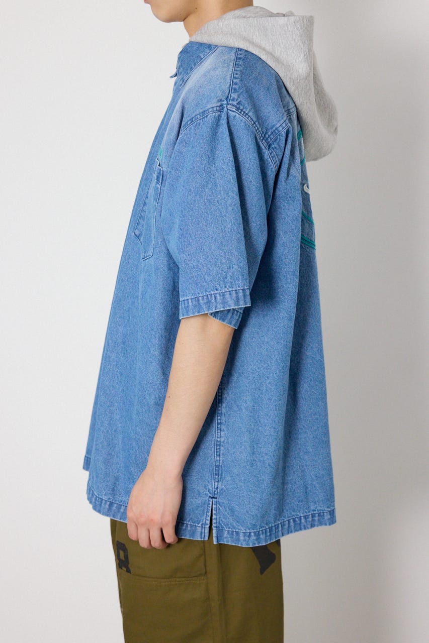 バックロゴフードデニムシャツ L/BLU L