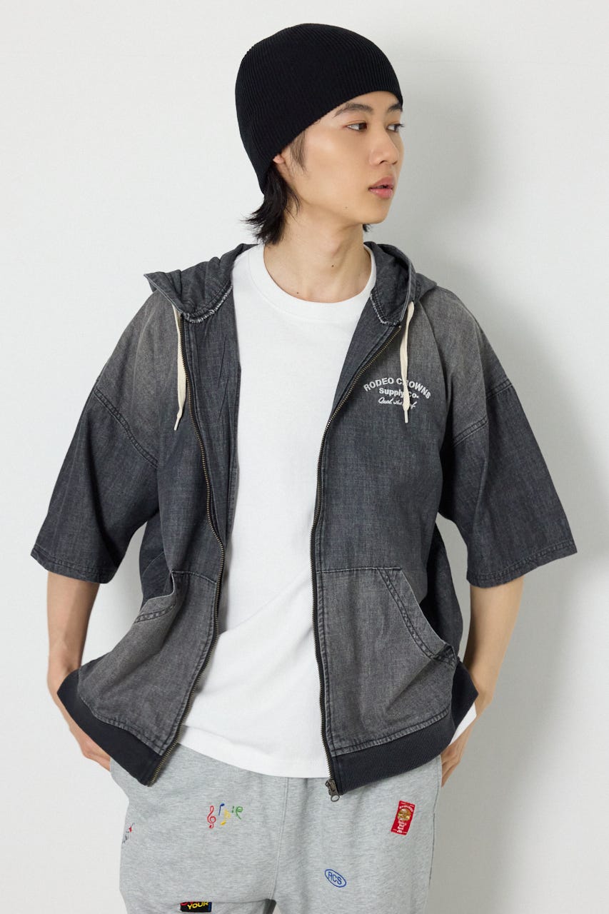 シャンブレーハーフスリーブZIPパーカー BLK L