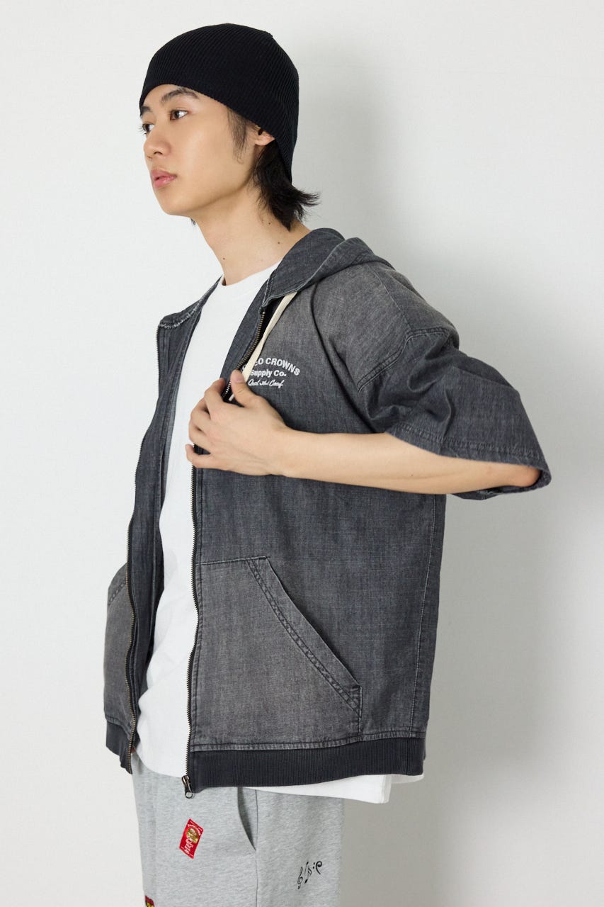 シャンブレーハーフスリーブZIPパーカー BLK L