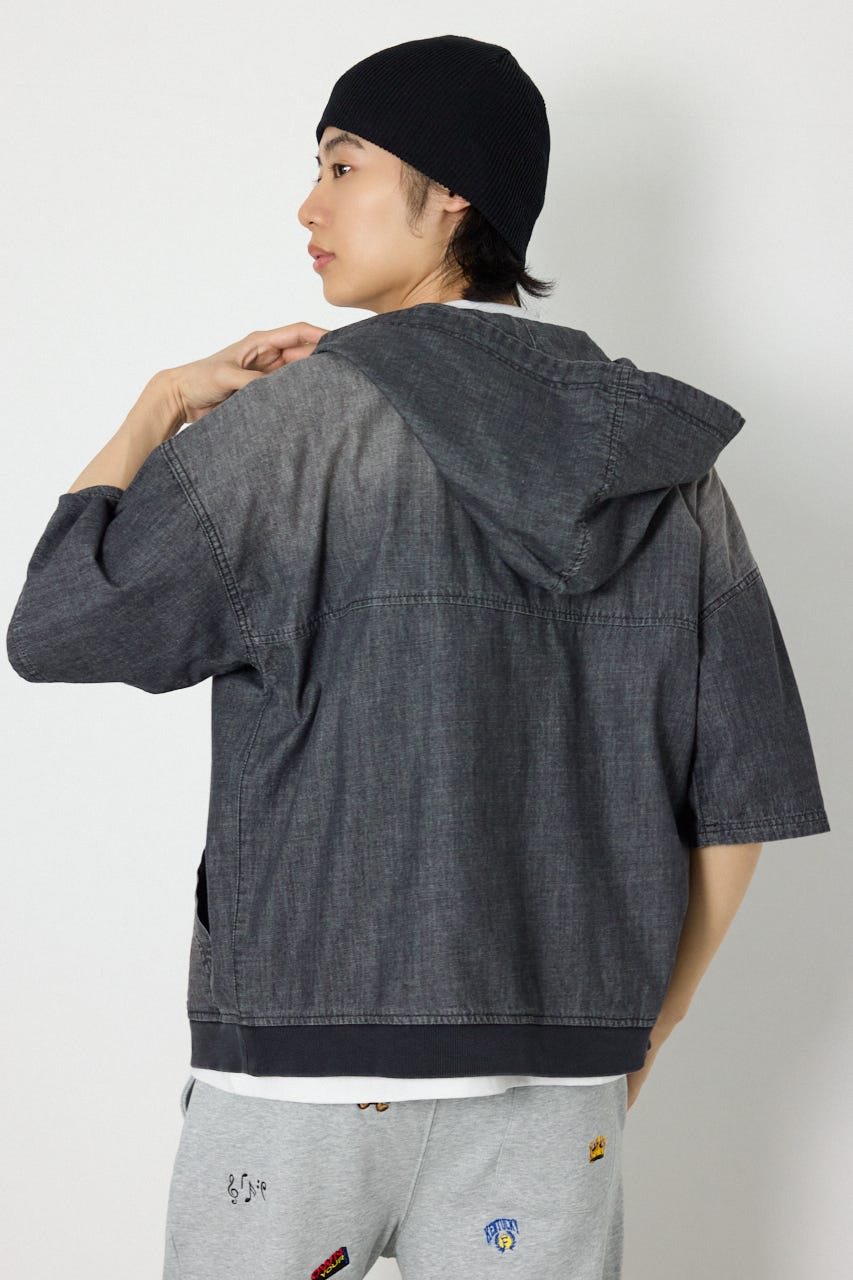 シャンブレーハーフスリーブZIPパーカー BLK L