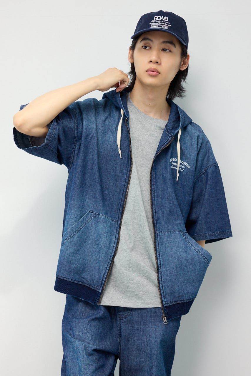 シャンブレーハーフスリーブZIPパーカー BLU M