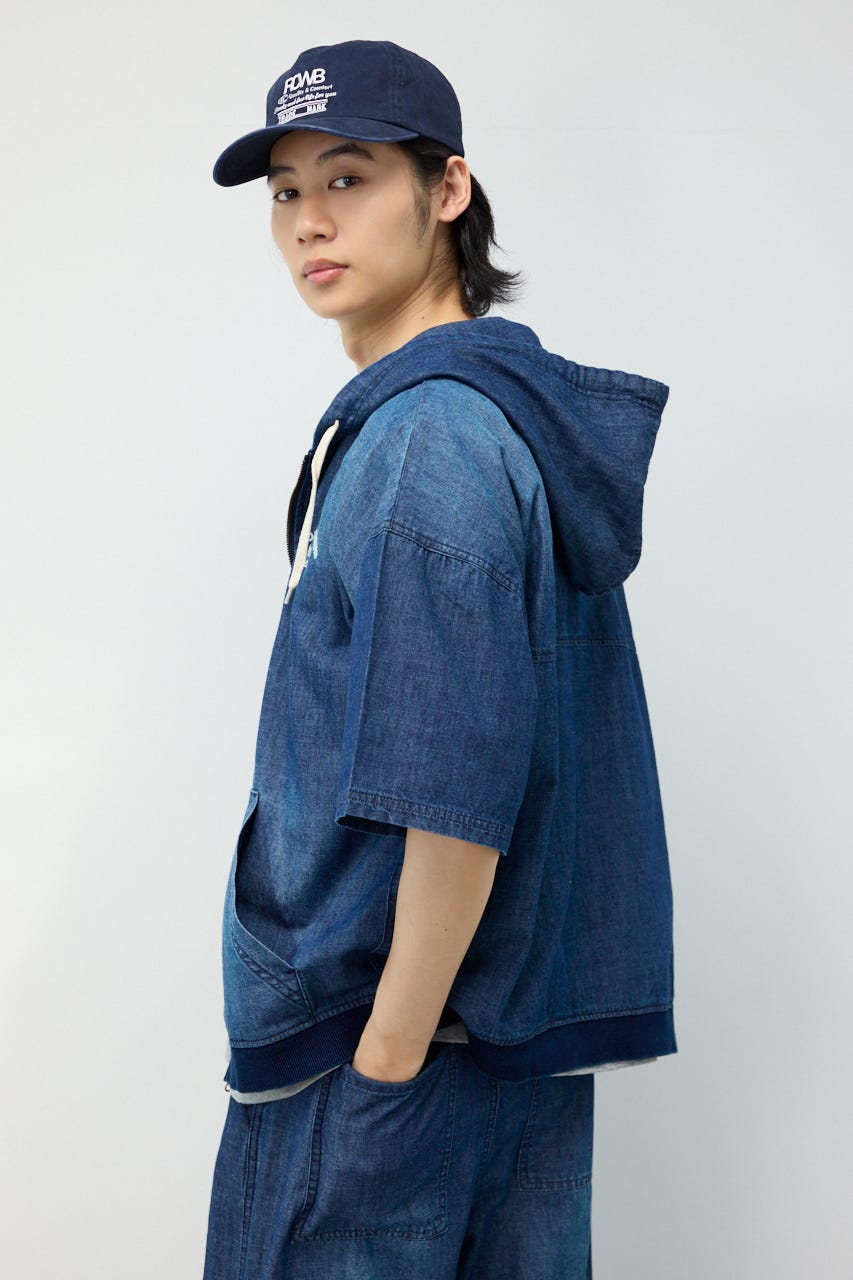 シャンブレーハーフスリーブZIPパーカー BLU M