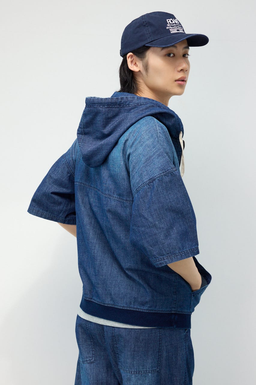 シャンブレーハーフスリーブZIPパーカー BLU M