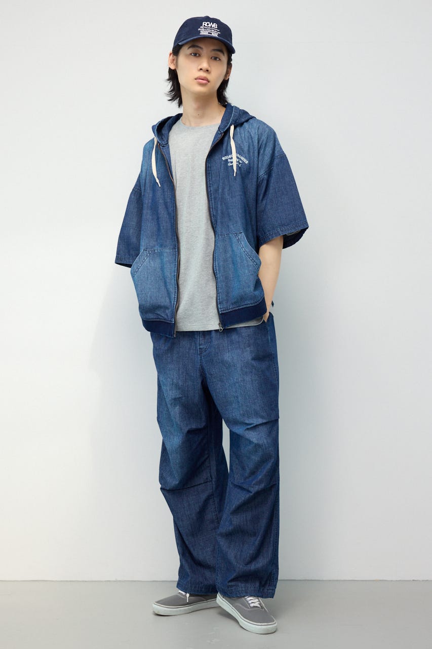 シャンブレーハーフスリーブZIPパーカー BLU M