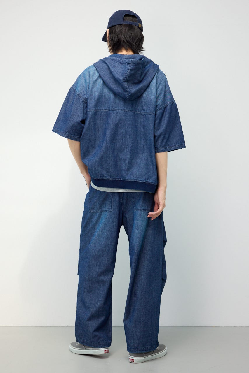 シャンブレーハーフスリーブZIPパーカー BLU M