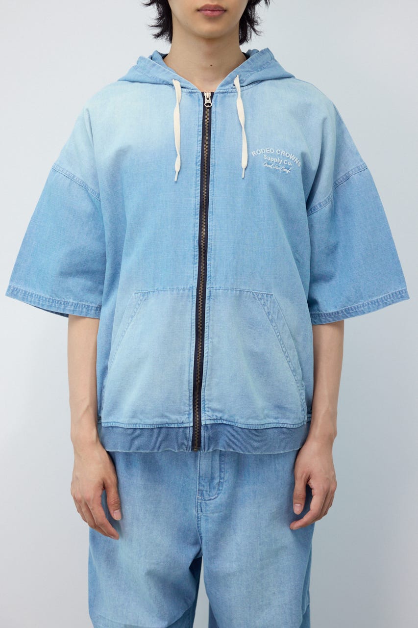 シャンブレーハーフスリーブZIPパーカー L/BLU L