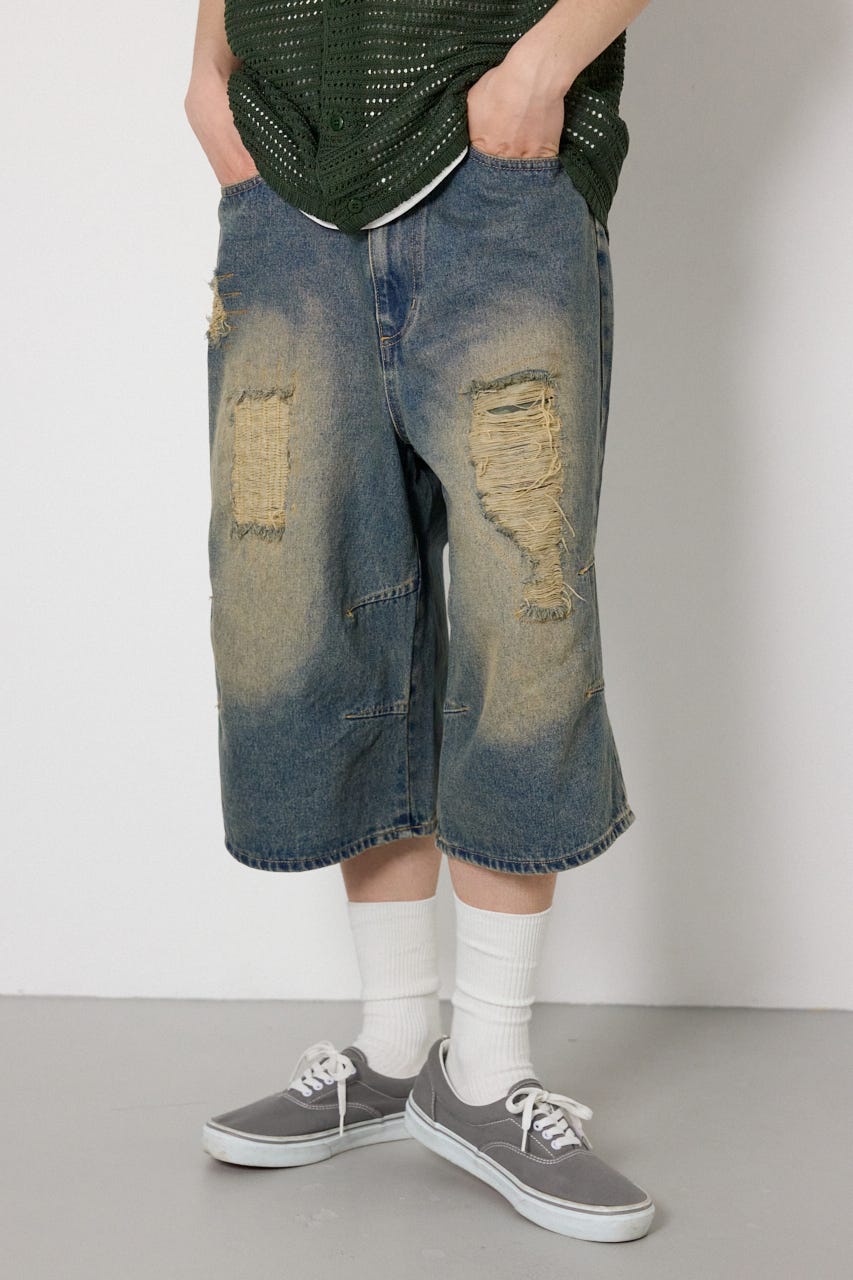 クラッシュデニムバミューダパンツ BLU M
