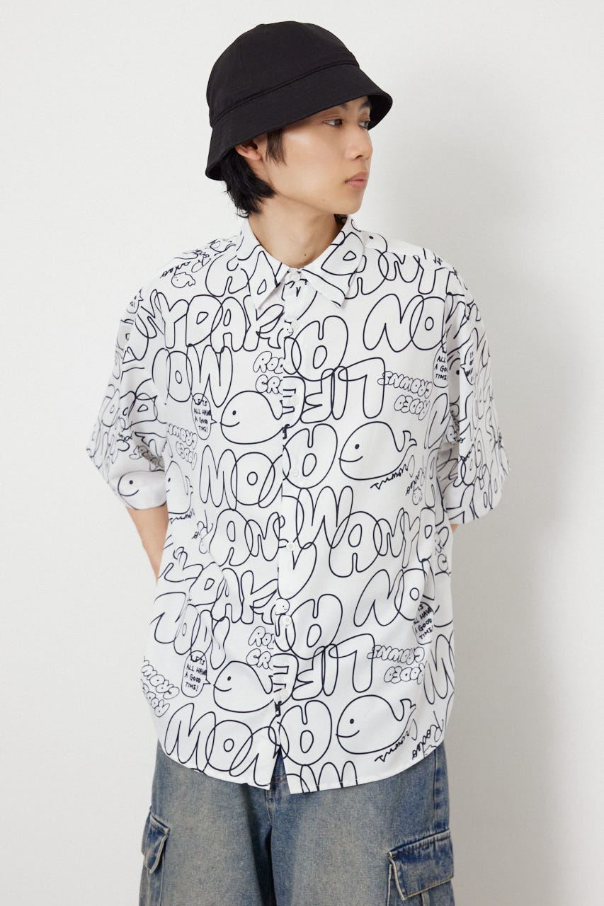 ドローイングホエールシャツ WHT L