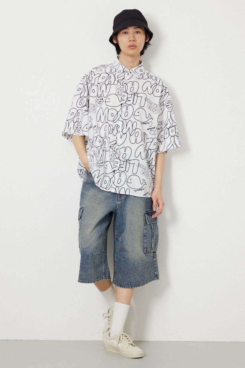 ドローイングホエールシャツ WHT L