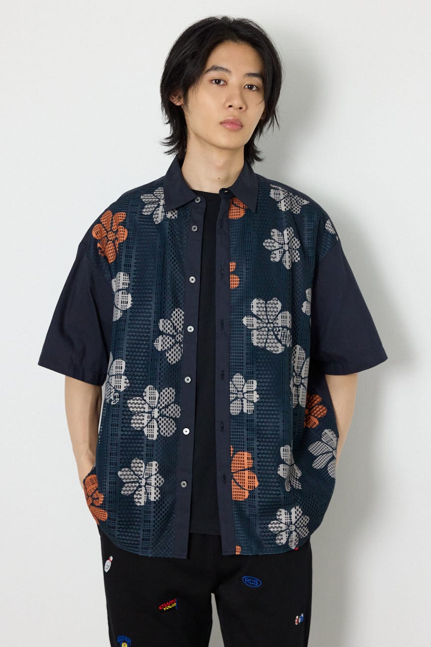 COOLMAX(R)ファブリック製・フラワーレースシャツ D/NVY M