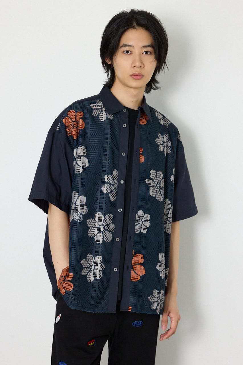 COOLMAX(R)ファブリック製・フラワーレースシャツ D/NVY M