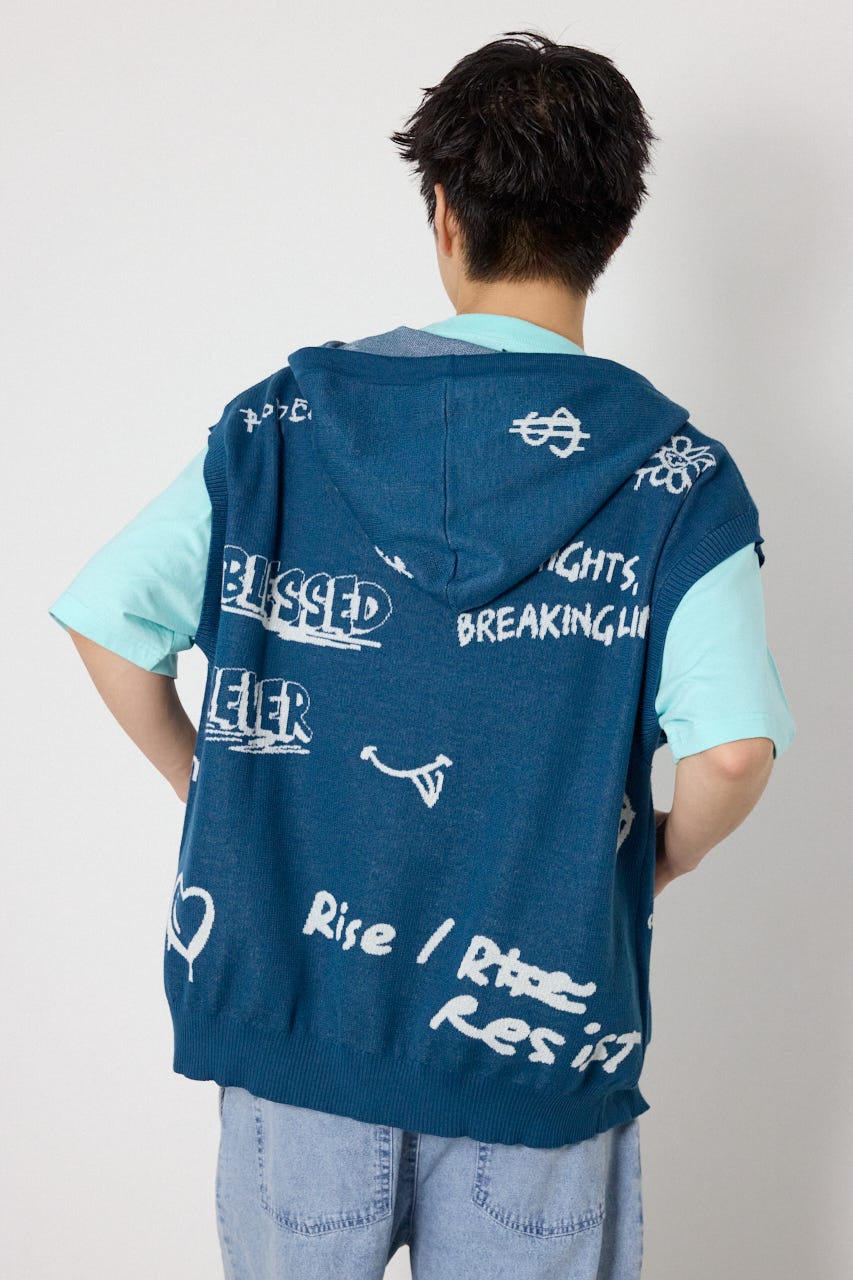 ノースリーブラクガキニットZIPパーカー D/BLU FREE